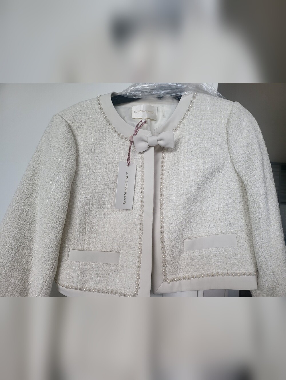 LoveShackFancy Ralphette Cropped Tweed Jacket in Cream with Bow